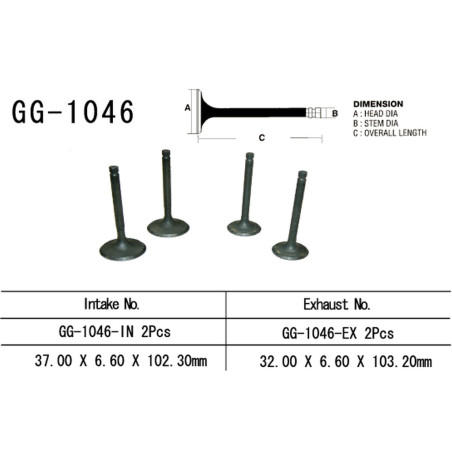 VESRAH įsiurbimo vožtuvas HONDA XR 650R '00-'07, TRX 700XX '08-'09 (2 varikliui) (37,0X6,60X102,3 mm) (OEM: 14711-MBN-670) (1vnt