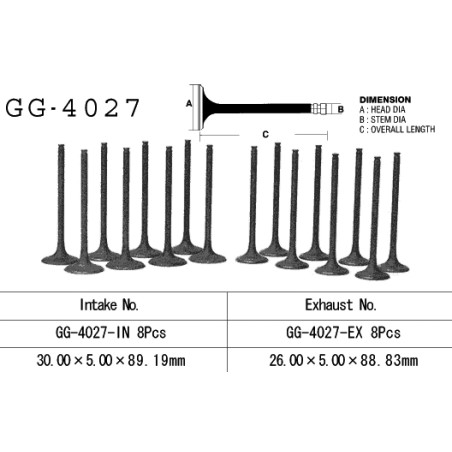 VESRAH įsiurbimo vožtuvas KAWASAKI ZX10 '88-'90 (ZX1000B1-B3) (30,0 X 5,0 X 88,83 mm) (OEM: 12005-1107) (1vnt.) (MADE IN JAPAN)