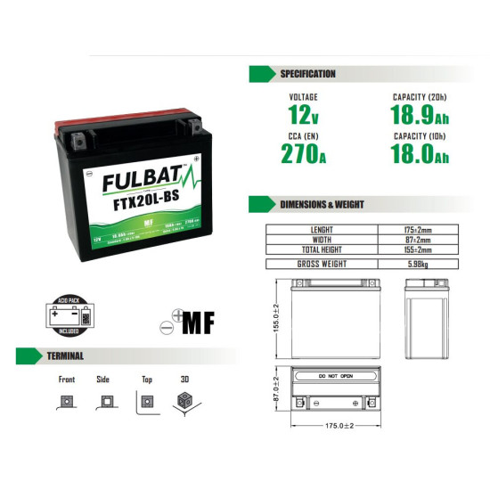 FULBAT FTX20L-BS MAINTENANCE-FREE BATTERY