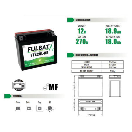 FULBAT FTX20L-BS BE PRIEŽIŪROS AKUMULIATORIUS