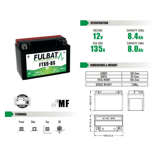 FULBAT FTX9-BS BE PRIEŽIŪROS AKUMULIATORIUS