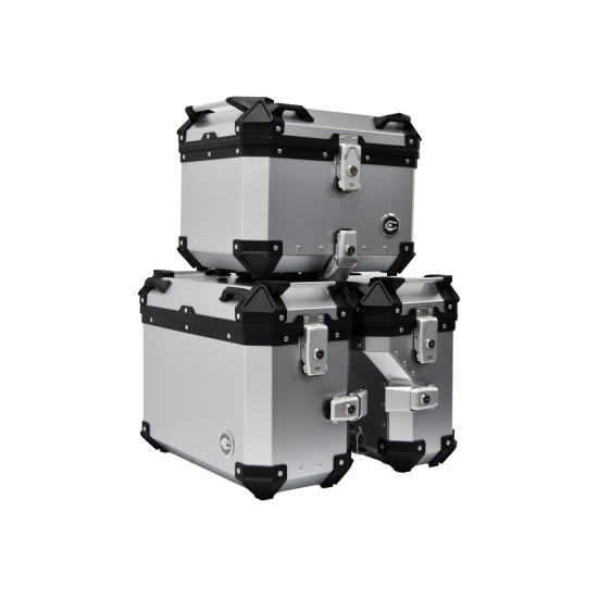 Set of 3 aluminum boxes (30 l asymmetric + 36 l + 45 l) silver-colored boxes