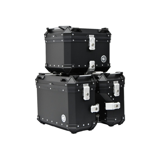 3 aliuminio dėžių rinkinys (30 l asimetrinės + 36 l + 45 l) juodos spalvos „Coocase“