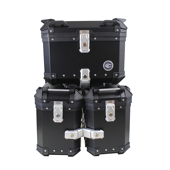 Set of 3 aluminum boxes (2 x 36 l symmetrical + 45 l) black cases