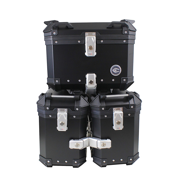 Set of 3 aluminum boxes (2 x 36 l symmetrical + 45 l) black cases