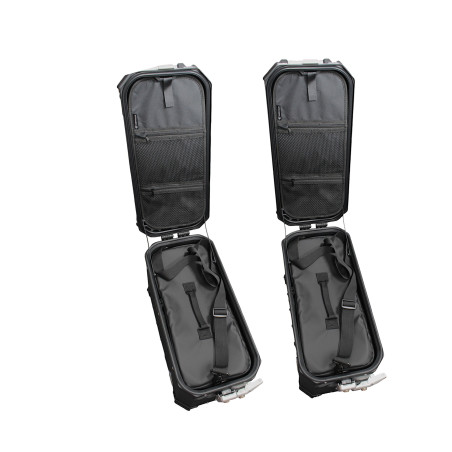 3 aliuminio dėžių rinkinys (2 x 36 l simetriškos + 45 l) juodos spalvos dėklai