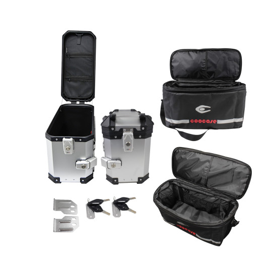 3 ALIUMINIŲ LAGAMINŲ RINKINYS (2 X 36 L SIMETRIŠKI + 45 L) SIDABRINIS LAGMINAS