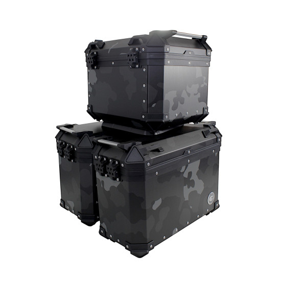 3 aliuminio dėklų rinkinys (2 x 36 l simetriški + 45 l) pilki maskuojantys dėklai
