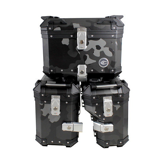 Set of 3 aluminum boxes (30 l asymmetric + 36 l + 45 l), camouflage gray