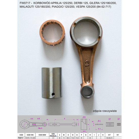 FLYWAY (PLATT) connecting rod APRILIA 125/250, DERBI 125, GILERA 125/180/200, MALAGUTI 125/180/200, PIAGGIO 125/200, VESPA 125/2
