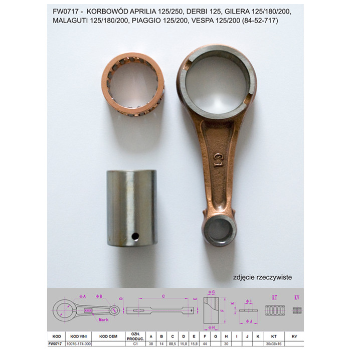 FLYWAY (Plat) Connecting rod Aprilia 125/250, Derbi 125, Gilera 125/180/200, Malaguti 125/180/200, Piaggio 125/200, VESPA 125/20