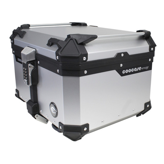 KUFER CENTRALNY ALUMINIOWY COOCASE 55L KEYLESS Z WYSUWANYM OPARCIEM SREBRNY
