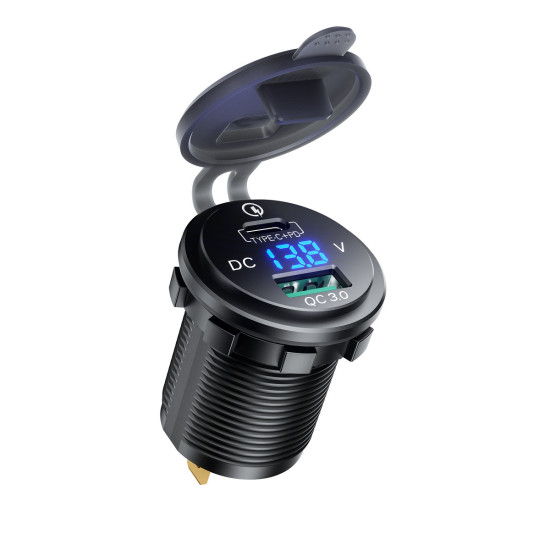 BIKETEC PRO MOTOCIKLO LIZDAS USB 3.0 QC USB-C / USB-A SU VOLTMETRU (EL)