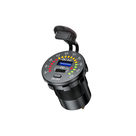 BIKETEC PRO MOTOCIKLO LIZDAS USB 3.0 QC USB-C / USB-A SU VOLTMETRU (EL)