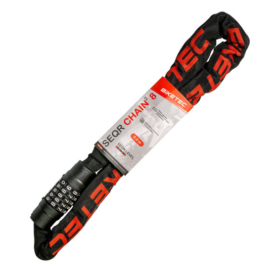 BIKETEC SEQR CP grandinė 0,9 m, 8 mm tinklelis, 5 skaitmenų kombinuota spyna, juodas dangtelis