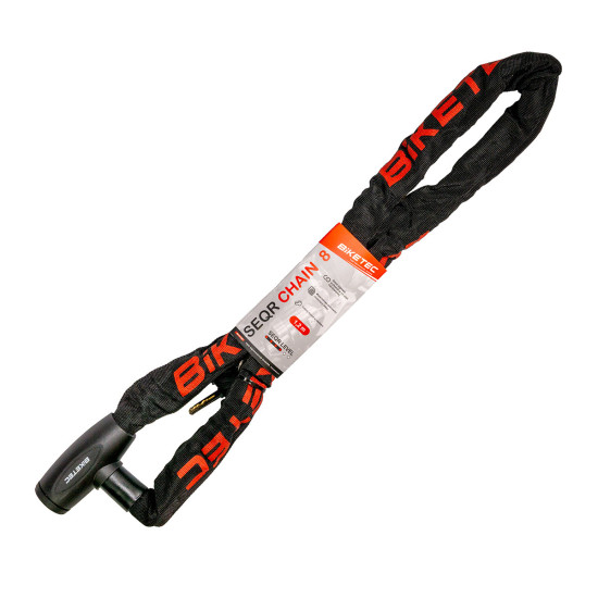 BIKETEC SEQR CP grandinė 1,2 m, 8 mm kilpelė, įmontuota spyna, 3 raktai, juodas dangtelis