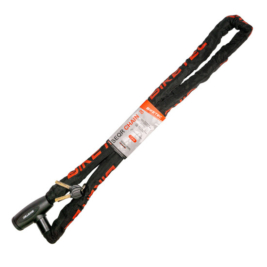 BIKETEC SEQR CP grandinė 1,5 m, 8 mm tinklelis, įmontuota spyna, 3 raktai, juodas dangtelis