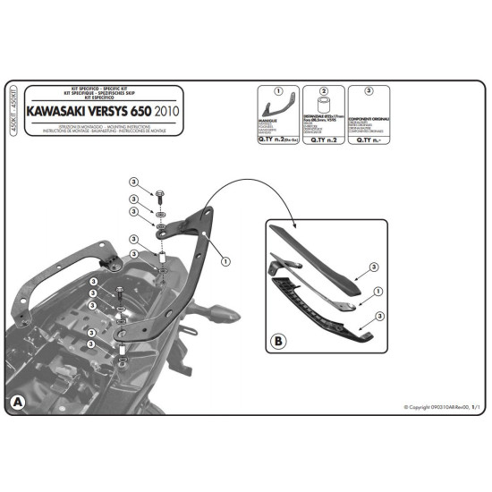 KAPPA ADAPTERIS, SKIRTAS KLR450 IR KLXR450 ŠONINIO RĖMO MONTAVIMUI NENAUDOJANT CENTRINIO RĖMO