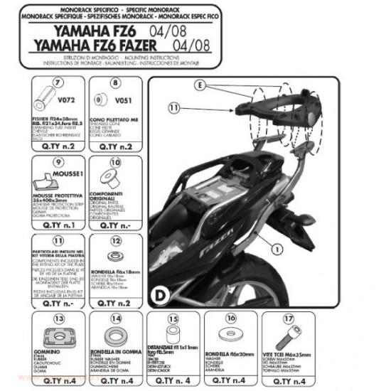 KAPPA VIRŠUTINIO DĖŽĖS RĖMAS YAMAHA FZ6 / FZS 600 FAZER (04-06), FZ6 S2 / FZ6 600 FAZER S2 (07-11) (BE PLOKŠTELĖS) - ŽR.
