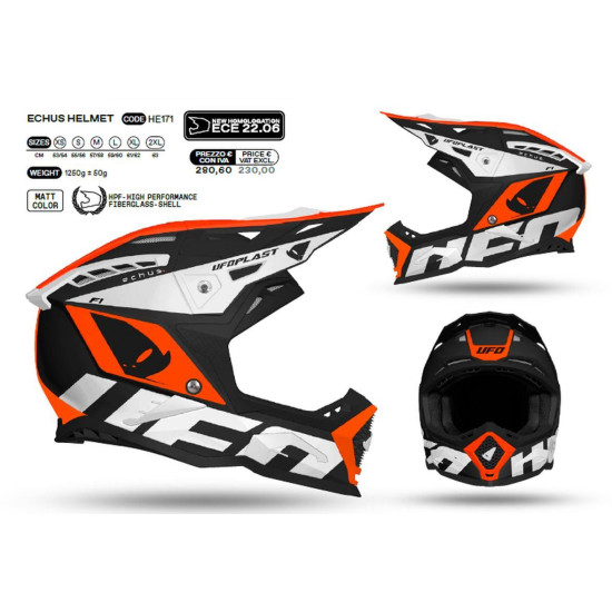 UFO ŠALMAS ECHUS CROSS STIKLO PLUOŠTO SPALVA JUODA / BALTA / FLUO ORANŽINĖ XL DYDIS (ECE 22R06) - KOLEKCIJA 2025 / 2026