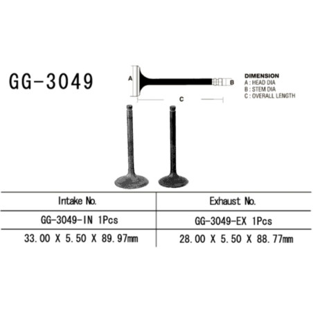 VESRAH Exhaust valve Suzuki dr 200se '01 -'13, dr 650se '96 -'15 (OEM: 12912-42A00 (1pcs.) (MADE IN JAPAN)