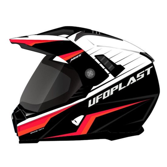 UFO ŠALMAS ARIES OFFROAD / DUAL / TOURER / CROSSOVER SU SKYDELIU, SKYDELIU NUO SAULĖS SPALVA JUODA / BALTA / FLUO RAUDON