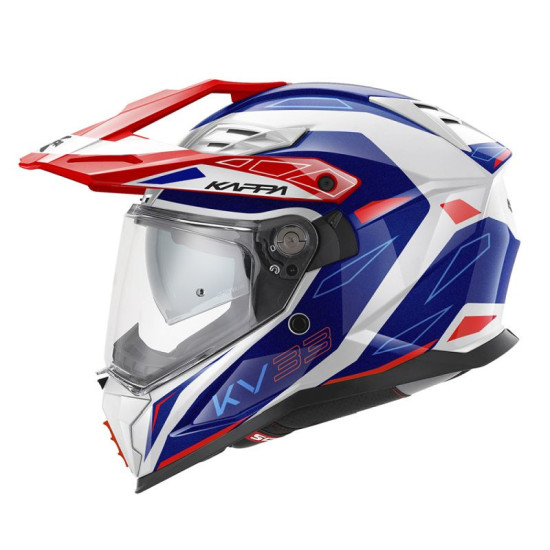 KAPPA ŠALMAS KV33 GRAPHIC WIZZARD ENDURO DUAL OFF ROAD SU SKYDELIU IR STIPRIKLIU SPALVA BALTA RAUDONA MĖLYNA DYDIS 54 / 