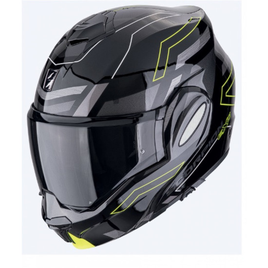 SCORPION purvasauginis šalmas (žandikaulis atgal) EXO-TECH EVO CONQUER juoda / neoninė geltona spalva juoda / fluorescen