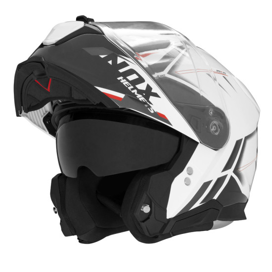 NOX PROMOCJA KASK SZCZĘKOWY (FLIP-UP) Z BLENDĄ N967 SYNCHRO KOLOR BIAŁY / CZERWONY ROZMIAR XL (PINLOCK DO TEGO MODELU - 