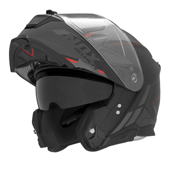 NOX PROMOCJA KASK SZCZĘKOWY (FLIP-UP) Z BLENDĄ N967 SYNCHRO KOLOR CZARNY / CZERWONY / SZARY MAT ROZMIAR XL (PINLOCK DO T