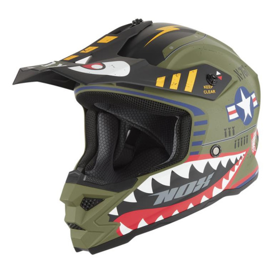 NOX CROSS / OFFROAD HELMET N761 FIGHTER KID / JUNIOR COLOUR GREEN (KHAKI) MAT / WHITE / BLACK SIZE L (MICROMETRIC CLOSUR
