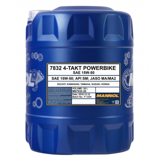 MANNOL synthetic oil 4T MOTORBIKE 15W50 20L additive + MA2 semi-synthetic (7832)