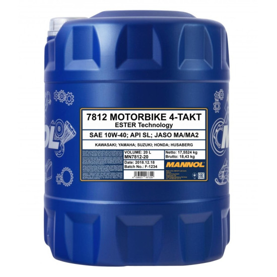 MANNOL synthetic oil 4T MOTORBIKE 10W40 20L additive + MA2 synthetic (7812)