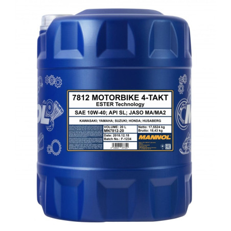 MANNOL sintetinė alyva 4T MOTORBIKE 10W40 20L priedas + MA2 sintetinė (7812)