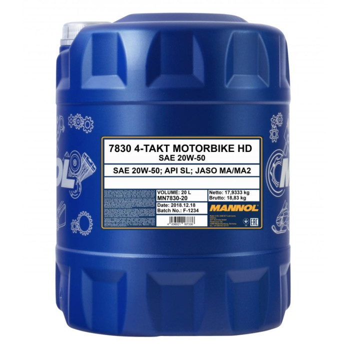 MANNOL synthetic oil 4T MOTORBIKE HD 20W50 20L V-TWIN MA2 semi-synthetic (JASO MA/MA2, API SL) (7830)