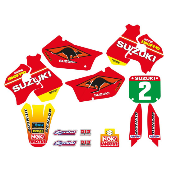 TECNOSEL (BLACKBIRD) STICKER SET + SEAT COVER SUZUKI RM 125 / 250 '96-'98, REPLICA TEAM SUZUKI '98