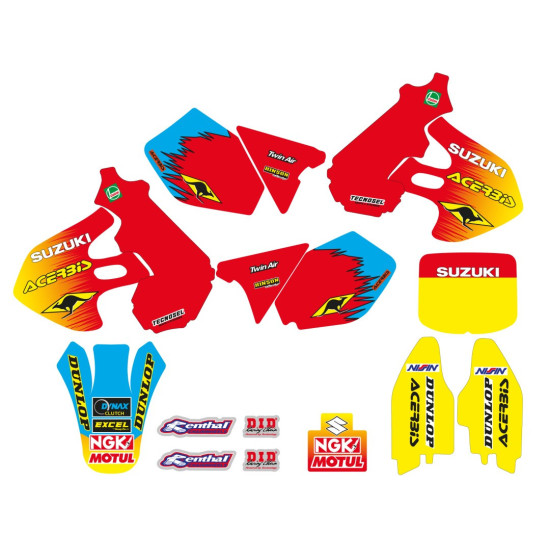 TECNOSEL (JUODASIS PASTARAS) LIPDUKŲ RINKINYS + SĖDYNĖS UŽVALKALAS SUZUKI RM 125 / 250 '99-'00, TEAM SUZUKI '99 REPLICA