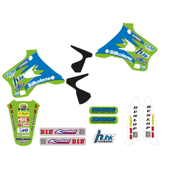 TECNOSEL (BLACKBIRD) STICKER SET + SEAT COVER KAWASAKI KX 125 / 250 '94-'98, REPLICA TEAM KAWASAKI '96
