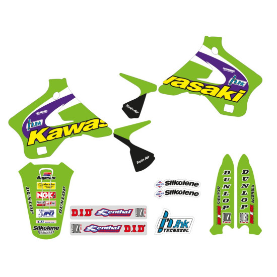 TECNOSEL (BLACKBIRD) LIPDUKŲ RINKINYS + SĖDYNĖS UŽVALKALAS KAWASAKI KX 125 / 250 '94-'98, TEAM KAWASAKI '98 REPLICA