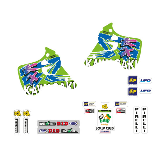 TECNOSEL (BLACKBIRD) STICKER SET KAWASAKI KX 125 / 250 '92-'93, REPLICA TEAM KAWASAKI '93 COLOR GREEN / BLUE