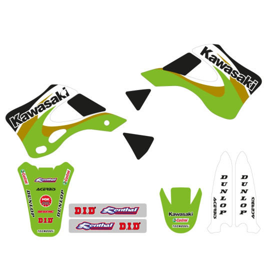 TECNOSEL (BLACKBIRD) STICKER SET KAWASAKI KX 125 / 250 '99-'02, REPLICA OEM KAWASAKI '00 COLOR GREEN / BLACK