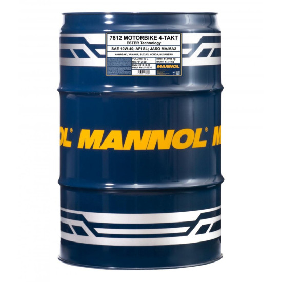 MANNOL oil 4T MOTORBIKE 10W40 60L additive + MA2 synthetic (7812) (API SL) - 1 container 60 L