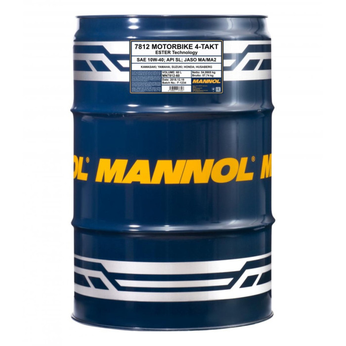 MANNOL alyva 4T MOTORBIKE 10W40 60L priedas + MA2 sintetinė (7812) (API SL) - 1 talpa 60 L