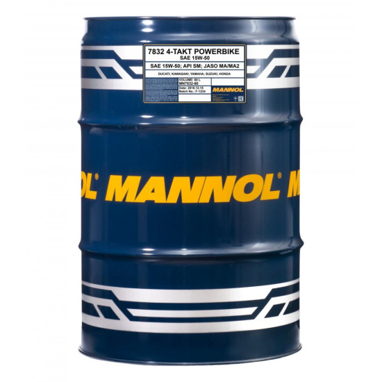 MANNOL oil 4T MOTORBIKE 15W50 additive + MA2 semi-synthetic (7832) capacity 60L