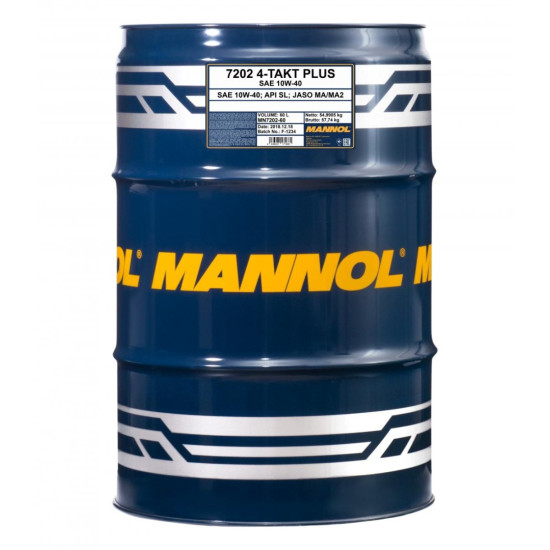MANNOL oil 4T PLUS 10W40 (API SL, JASO MA/MA2) semi-synthetic (7202) capacity 60L
