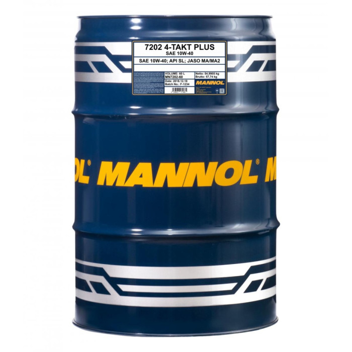 MANNOL alyva 4T PLUS 10W40 (API SL, JASO MA/MA2) pusiau sintetinė (7202) talpa 60L