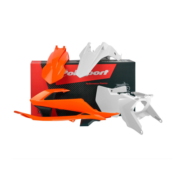 POLISPORT PLASTIKINIS RINKINYS KTM SX 65 '16-'23. KOMPLEKTE YRA ORO FILTRO DANGTELIS (AIRBOX), SPALVA ORANŽINĖ BALTA (OE