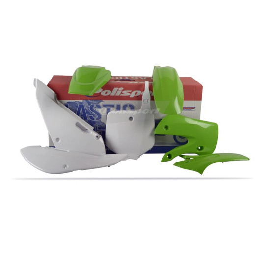 POLISPORT PLASTIC SET KAWASAKI KX 65 '00-'25 INCLUDING FRONT PLATE (8661500010) COLOR GREEN WHITE OEM