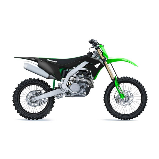 UFO PLASTIC SET KAWASAKI KXF 250 '21, KXF 450 '19-'24 COLOR BLACK / GREEN (INCLUDES TELESCOPE COVERS AND STICKERS)