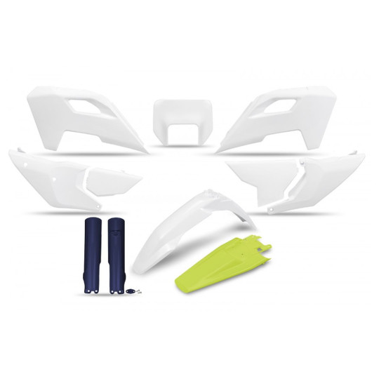 UFO PLASTIKINIS RINKINYS (PILNAS KOMPLEKTAS) SU TELESKOPINĖMIS APSAUGOMIS (AMORTIZATORIAIS) HUSQVARNA TE 150 / 250 / 300
